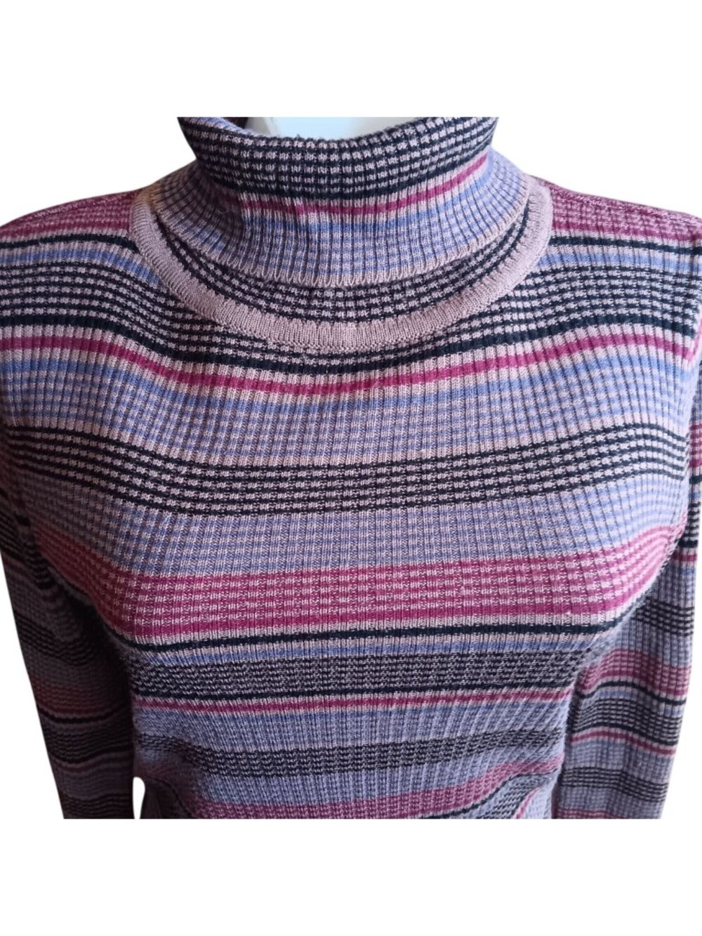 Vintage Sweater Top Striped Turtleneck Medium True Ribbed Knit Womens 70's Boho